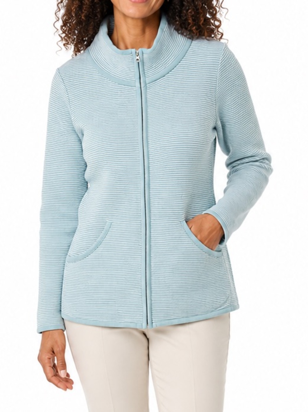 Soft Surroundings Aqua Blue Ribbed Full Zip Sweater Jacket Cotton Blend M